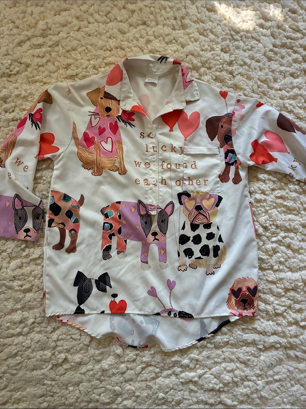 White Graphic Dog-Print Blouse with Heart Accents